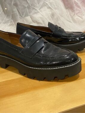 Franco Sarto Black Patent Leather Lug Sole Loafers Size 9 Worn Once